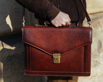 Handgemaakte bruine leren aktetas – luxe laptopschoudertas voor heren, executive werktas