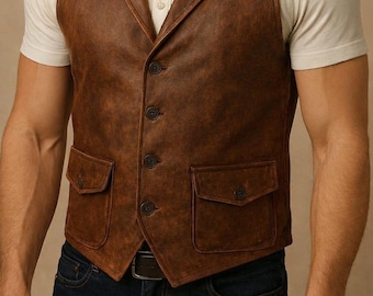Handgemaakt bruin en zwart leren vest – mouwloos westernjack voor heren