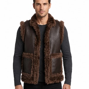 May include: A dark brown sleeveless vest featuring a smooth exterior finish and thick, textured brown faux fur trim along the collar, armholes, and front opening. The garment includes two large rectangular front pockets with matching fur trim.