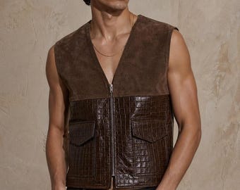Suède herenbodywarmer, mouwloos tweekleurige bikerbodywarmer