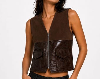 Dames suède krokodillenbodywarmer, tweekleurig streetwear utility-bodywarmer