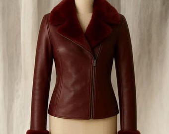 Bordeauxrode leren damesjas van imitatiebont, winterkleding slim-fit casual jas