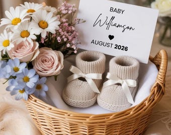 春の花の妊娠発表、Canvaで編集可能、ソーシャルメディアでの発表、デジタルダウンロード、ニュートラルなボヘミアン風ベビー発表、春の花柄妊娠