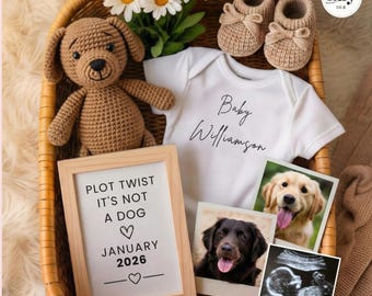 面白い犬の妊娠発表用Canvaテンプレート（編集可能）、犬じゃない！というどんでん返し、ボヘミアン風ニュートラルベビーお披露目画像（Social Me用）デジタルダウンロード