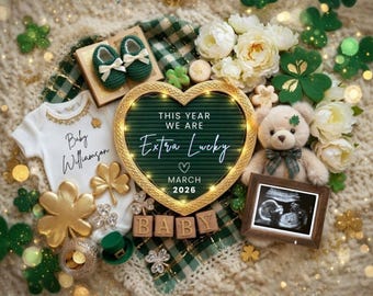 St Patricks Schwangerschaftsankündigung Digital, kleiner Glücksbringer Boho Social Media Baby Reveal, Baby Social Media Reveal, März Baby Reveal