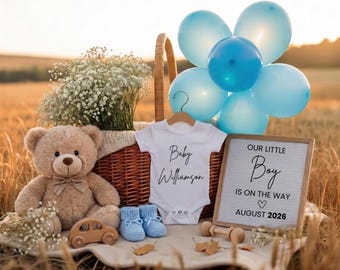 ブルーボヘミアン風男の子の妊娠発表テンプレート｜Instagramやソーシャルメディアで使える屋外妊娠発表用テンプレート｜編集可能なデジタル素材、妊娠発表用テンプレートをダウンロード
