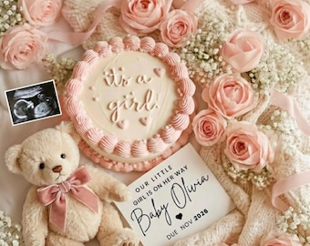 Es ist eine Mädchen-Schwangerschaftsankündigungsvorlage, rosa Rosenkuchen, Social-Media-Ankündigung, digitale Vorlage, rosa Kuchen-Baby-Reveal, Mädchen-Schwangerschaft