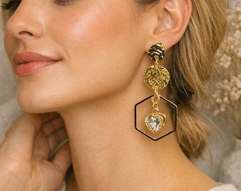 Gold Heart Dangle Earrings with Hammered Hexagon Dropightweight.