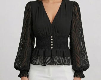Black V Neck Lantern Sleeve Blouse | Sheer Elegant Chiffon Top
