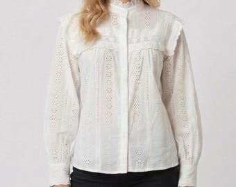 Women Long Sleeve Everyday Blouse | Elegant High Neck Office Shirt | Vintage Style Feminine Outfit