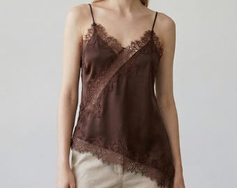 Asymmetrical Satin Lace Camisole Top | Elegant Summer Slip, Date Night Outfit