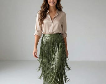 Sequin Fringe Skirt | High Waist Green Party Outfit