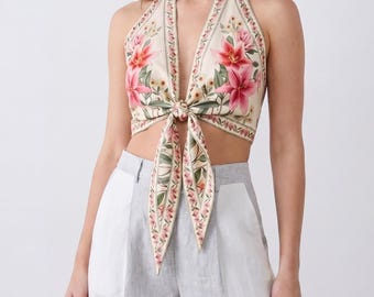Floral Halter Knot Crop Top | Boho Backless Summer Tank | Y2K Inspired Beach Outfit