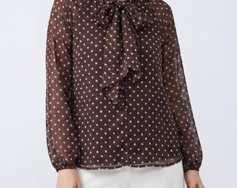 Polka Dot Tie Neck Blouse | Vintage Style Long Sleeve Top