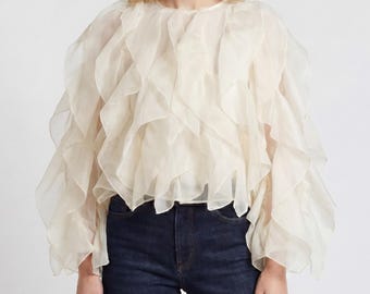 Women's Ruffle Statement Layered Top | Elegant Office Blouse | Loose Fit Pullover | Lightweight Summer Wear