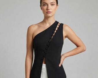 One Shoulder Asymmetrical Button Vest Top | Modern Minimalist Polyester Fashion