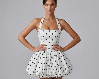 Women Halter Mini Backless Dress | A-Line Bubble Hem Outfit | Summer Party Skater Outfit
