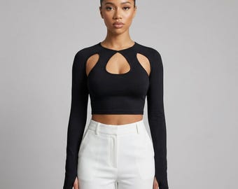 Cut Out Long Sleeve Crop Top | O Neck Polyester Clubwear Tee