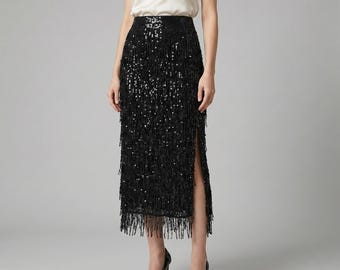 Sequin Fringe Midi Skirt | High Waist, Side Slit, Polyester Party Wear