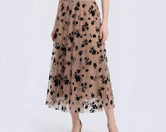 High Waist Floral Tulle Skirt | Elegant Mesh Pleated Skirt | Lightweight Summer Outfit