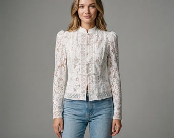 Women Elegant Lace Blouse | Vintage Slim Fit Long Sleeve Top | Elegant Sheer Summer Shirt for Office & Party Wear