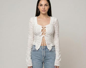Ruched Lace Up V-Neck Top | Long Sleeve Textured Blouse