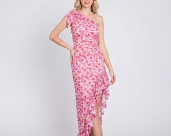 Floral One Shoulder Ruffle Midi Dress | Asymmetrical Summer Vacation Party Outfit