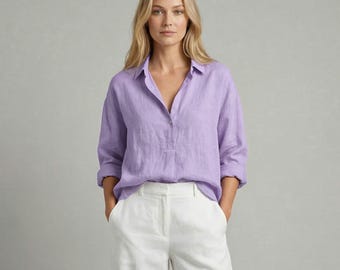 Loose Fit Button Down Blouse | Polyester Casual Workwear Top