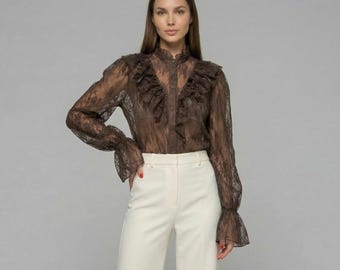 Elegant Lace Ruffle Blouse | Sheer High Neck Long Sleeve Shirt
