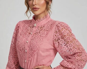 Victorian Lace Blouse | Elegant Floral Hollow Out Long Sleeve Top