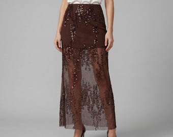 Women High Waist Sequin Mesh Midi Skirt | Elegant Sheer Layer Skirt for Party | Evening Statement Skirt