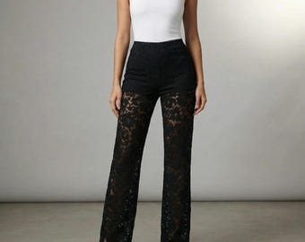 Sheer Lace Flare Pants | High Waist Bell Bottom Trousers, Party Beachwear
