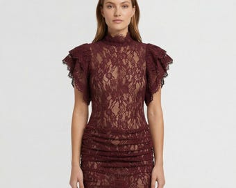 Women Elegant Lace Mini Dress | Sheer Bodycon Party Dress | Slim Fit See Through Romantic Evening Outfit