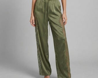 Satin Lace Patchwork Wide Leg Pants | High Waist Trousers | Chic Fashion