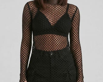 Women Elegant Mesh Long Sleeve Top  | Fishnet Stylish Sheer Top | Hollow Out Slim Fit Tee | Streetwear Party Outfit