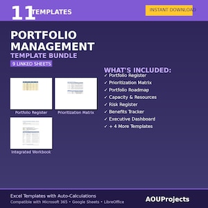 May include: A purple graphic with the text "PORTFOLIO MANAGEMENT TEMPLATE BUNDLE" and "INSTANT DOWNLOAD." Includes a list of templates such as Portfolio Register and Prioritisation Matrix. Compatible with Microsoft 365, Google Sheets, and LibreOffice.