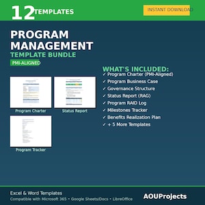 Könnte beinhalten: Türkisfarbene Grafik mit dem Text "12 TEMPLATES" und "PROGRAM MANAGEMENT TEMPLATE BUNDLE". Enthält Beispieldokumente für Program Charter, Status Report und Program Tracker. Der Text "INSTANT DOWNLOAD" befindet sich in einem gelben Feld.