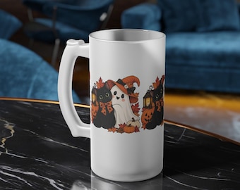 Halloween Cats and Ghost Frosted Glass Beer Mug | Pumpkin, Witch Hat, Autumn Leaves