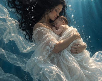Mother and Baby Underwater Embrace Framed Vertical Poster