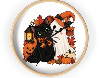 Black Cat and Ghost Halloween Wall Clock | Pumpkin, Leaves, Lantern