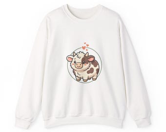 Cartoon Cow Crewneck Sweatshirt | Kawaii Calf Illustration, Cozy Farmyard Charm