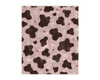 Pink Cow Print Crushed Velvet Blanket | Brown Cowhide Spots, Shimmer Hearts