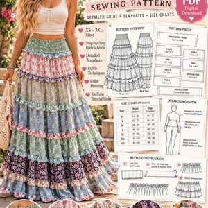 Patrón de costura para falda maxi estilo bohemio con volantes y cintura fruncida (Guía en PDF)