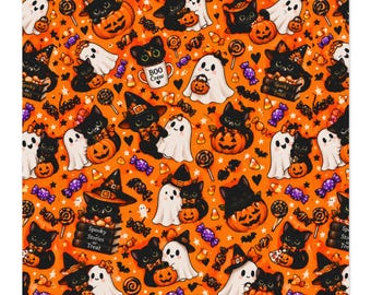 Halloween Cats & Ghosts Fabric by Yard | Cotton Twill, Orange Spooky Print