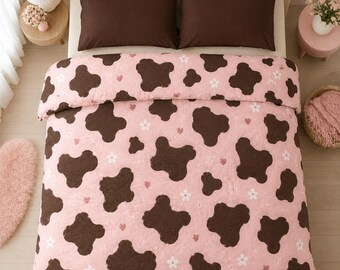 Brown Cow Spot Pattern Bed Set | Pink Background, Floral Hearts Bedding