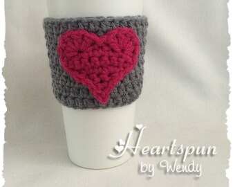 READY TO SHIP Grey Cup Cozy with Hot Pink Heart for coffee tea or ice cold drinks. Hand crocheted, fits standard size cups