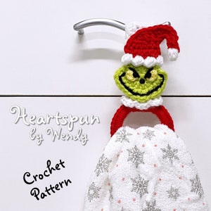 CROCHET PATTERN to make a Grinch Christmas Kitchen or Bath Towel Holder Ring. Instant Download. Towel topper pattern, crochet towel holder