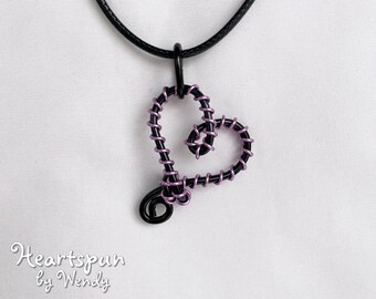 READY TO SHIP Handmade Black and Purple Wire Wrapped Heart Pendant on a black waxed cotton cord, Adj 18-20" length, Gift Box included!