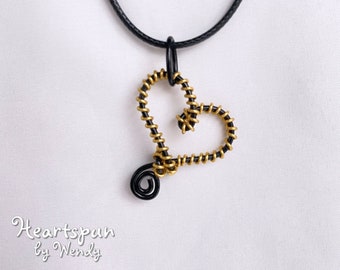 READY TO SHIP Handmade Black and Gold Wire Wrapped Heart Pendant on a black waxed cotton cord, Adj 18-20" length, Gift Box included!