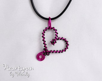 READY TO SHIP Handmade Hot Pink and Black Wire Wrapped Heart Pendant on a black waxed cotton cord, Adj 18-20" length, Gift Box included!